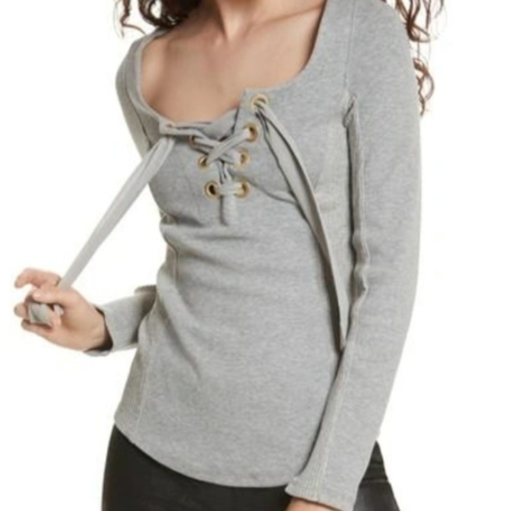 Free People Light Gray Lace-Up Long Sleeve Top